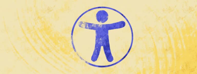 Ilustración de una figura de palo púrpura persona en un círculo púrpura, tanto en el fondo amarillo