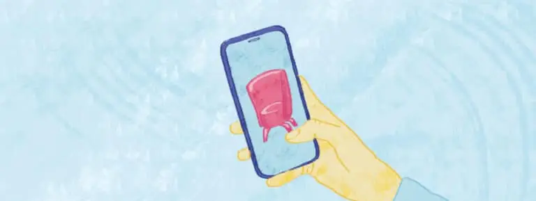Illustration of a hand holding a mobile phone with red chair on the screen
