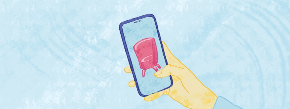 Illustration of a hand holding a mobile phone with red chair on the screen