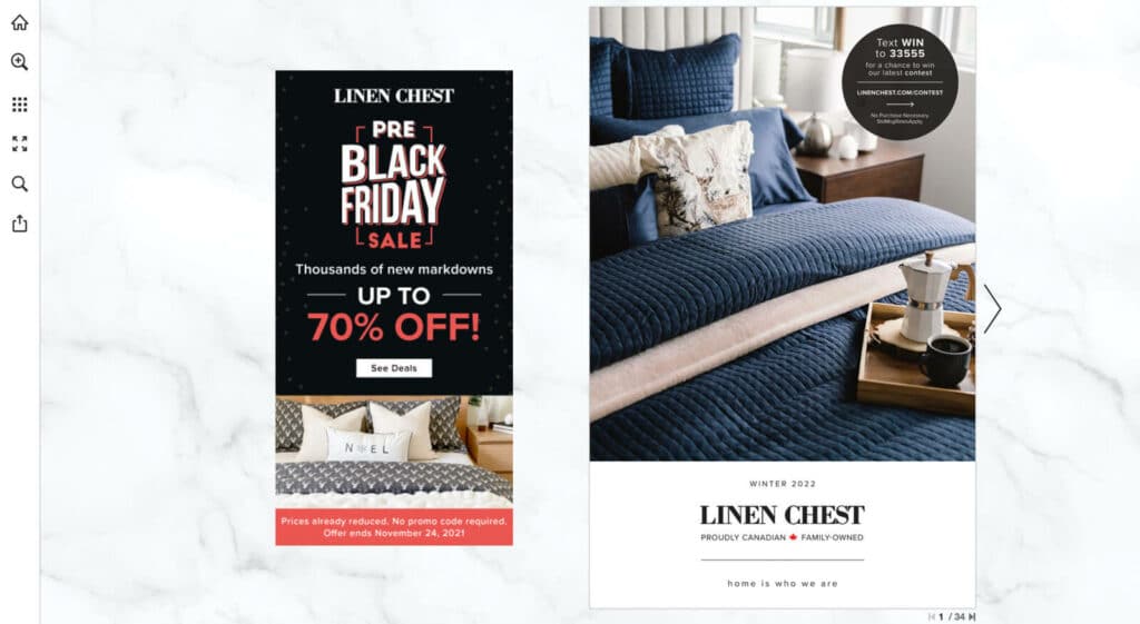 Cover of Linen Chest's catalog with Black Friday banner on the left.