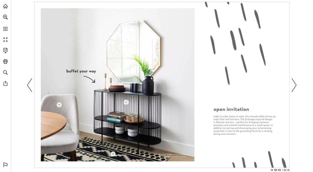 Close-up view of a console table from previous image, explaining how the birdcage-inspired design is perfect for minimal interference in a small space.