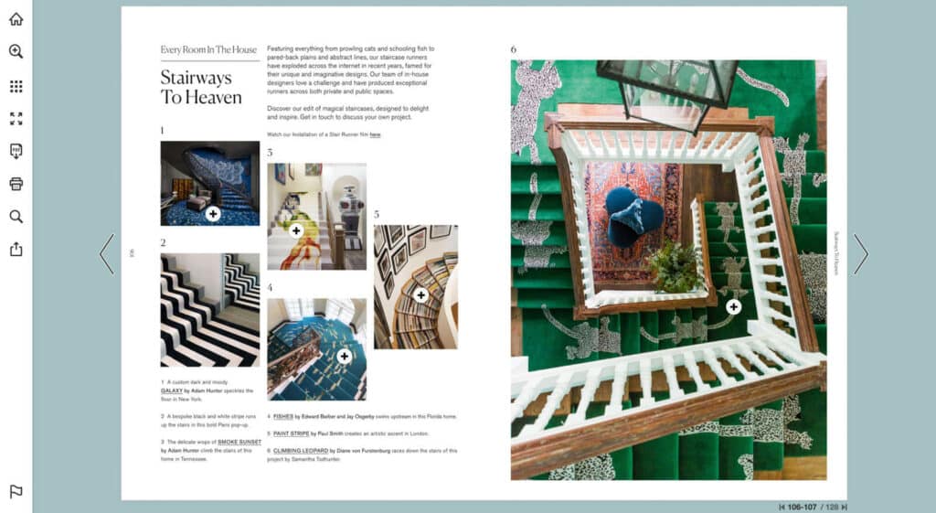 A page from The Rug Company's catalog showing a collage of beautiful rugs for stairways.