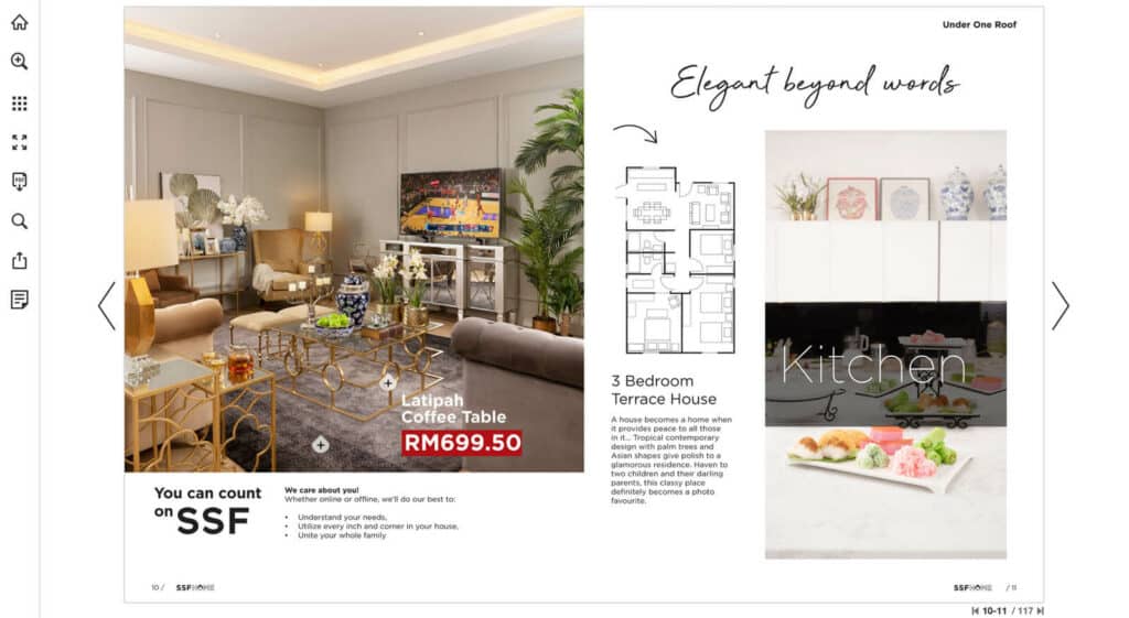 Spread from SSF Home's catalog that has an embedded video showing designs for multiple rooms.