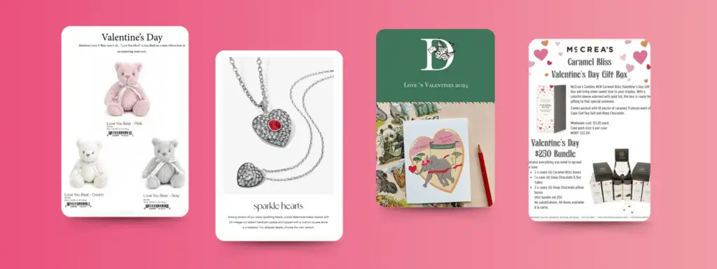 A group of Valentine's Day catalog front covers showing bear plushies and jewelry.