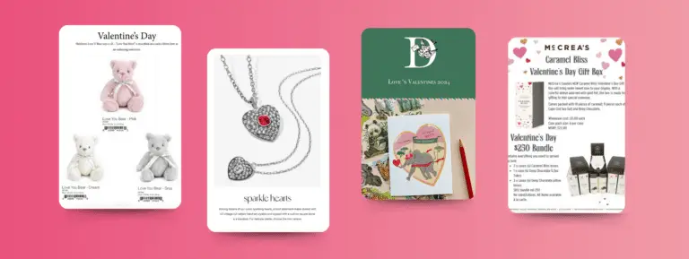A group of Valentine's Day catalog front covers showing bear plushies and jewelry.