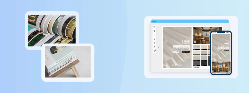 The image shows two pictures of a stack of print magazines and an image of a digital catalog on a web browser and mobile phone