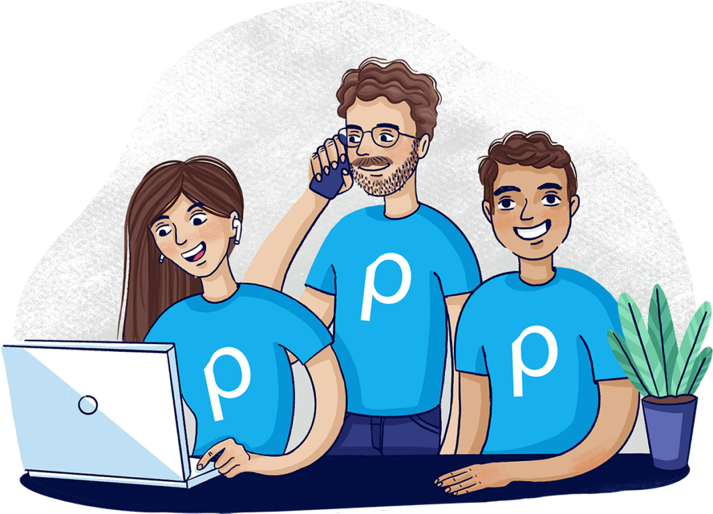 An illustration of a group of Publitas team members working. Customer support and customer service.