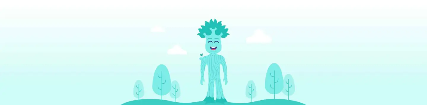 A happy, mint-green cartoon character with tree-like skin standing amongst trees.