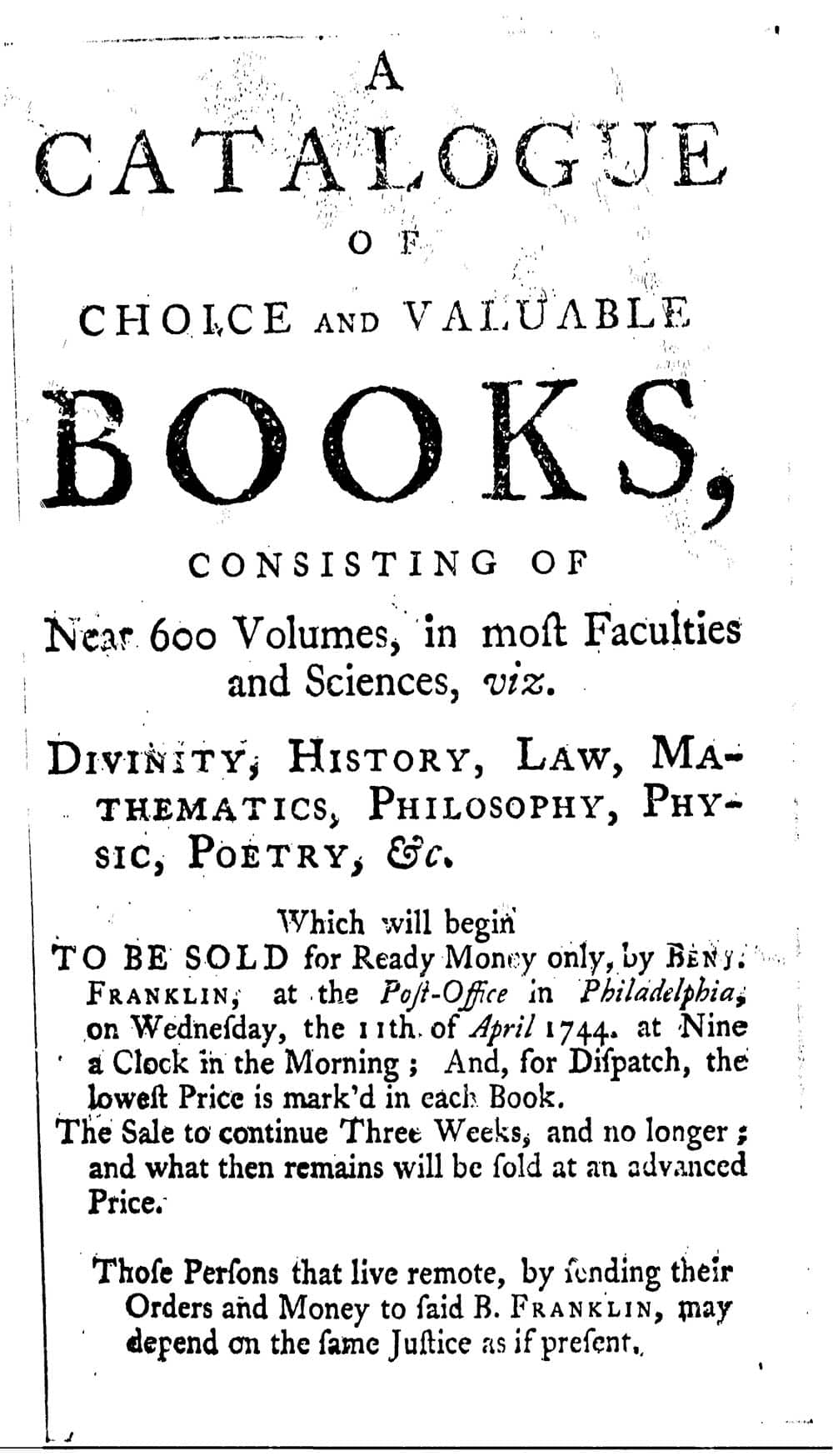 Opening page for the first mail order catalog of books sold in Benjamin Franklin's print shop.