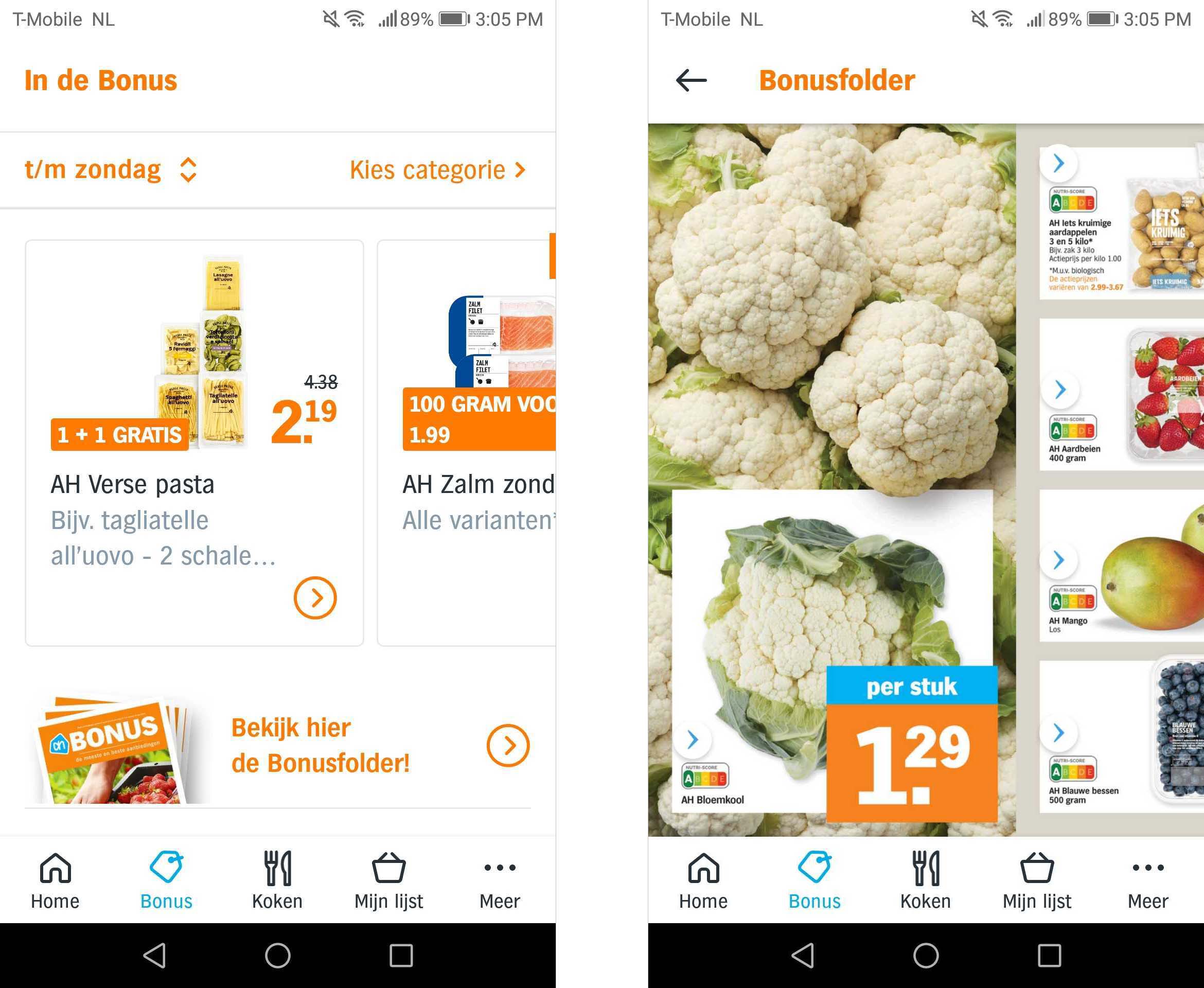 Five Online Channels to Distribute Your Digital Publications On 9 Two screenshots of Albert Heijn's mobile app. One showing the call to action to view the flyer. The other showing the flyer inside the app.