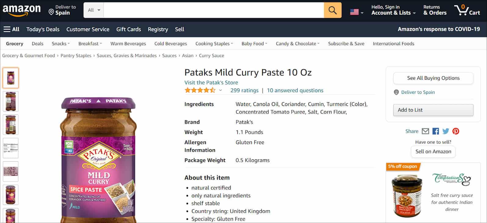 How Content Is Shaping the Way Consumers Shop for Groceries 5 Product page of Pataks Mild Curry Paste on Amazon with 4.5 stars and 299 ratings.