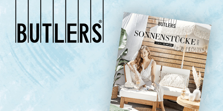 BUTLERS logo with thumbnail showcasing firs page of their catalog on blue background