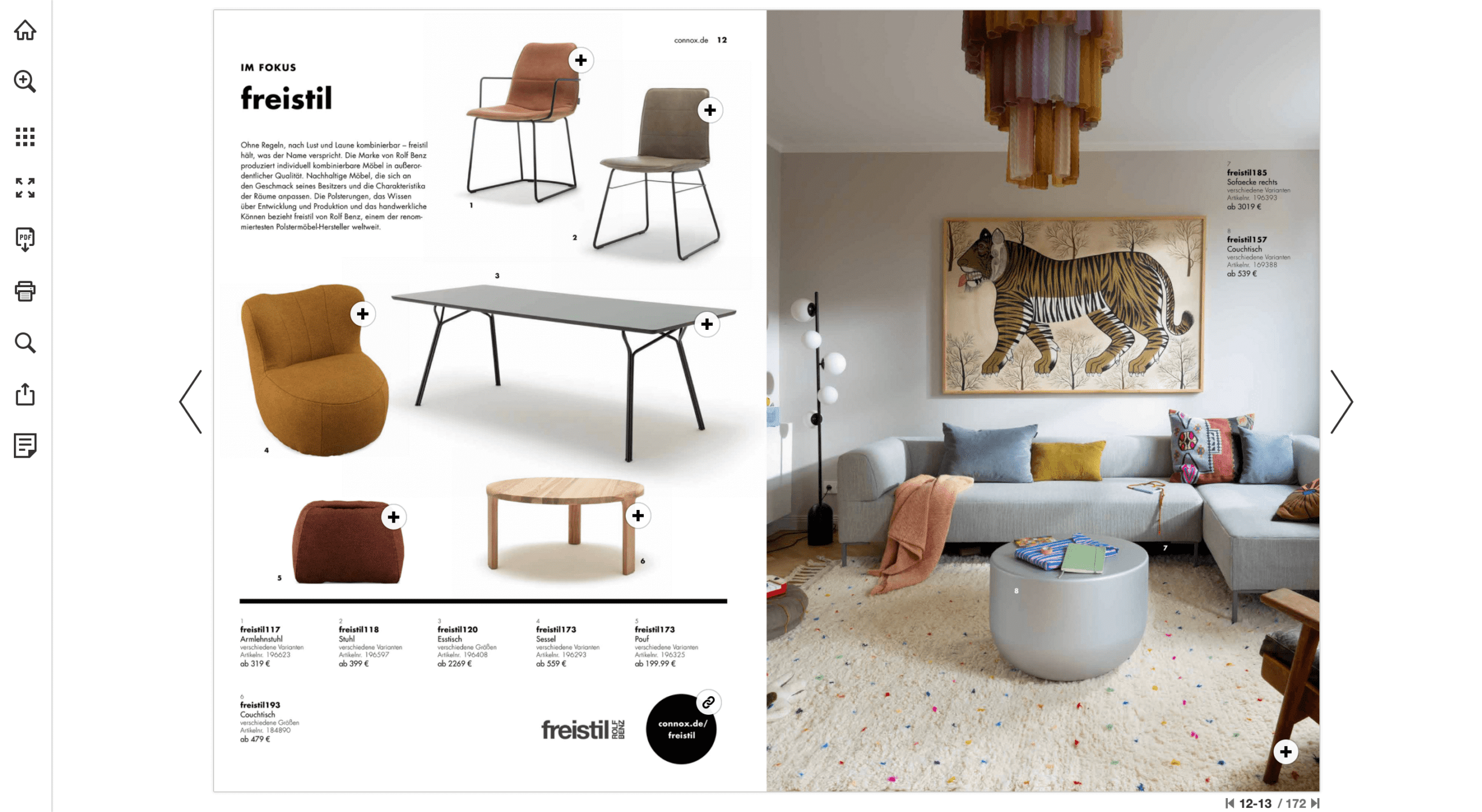 Five Online Channels to Distribute Your Digital Publications On 1 Screenshot of Connox's catalog in an online viewer. Showing an assortment of tables and chairs as well as a beautiful living room. Product can be clicked to purchase.