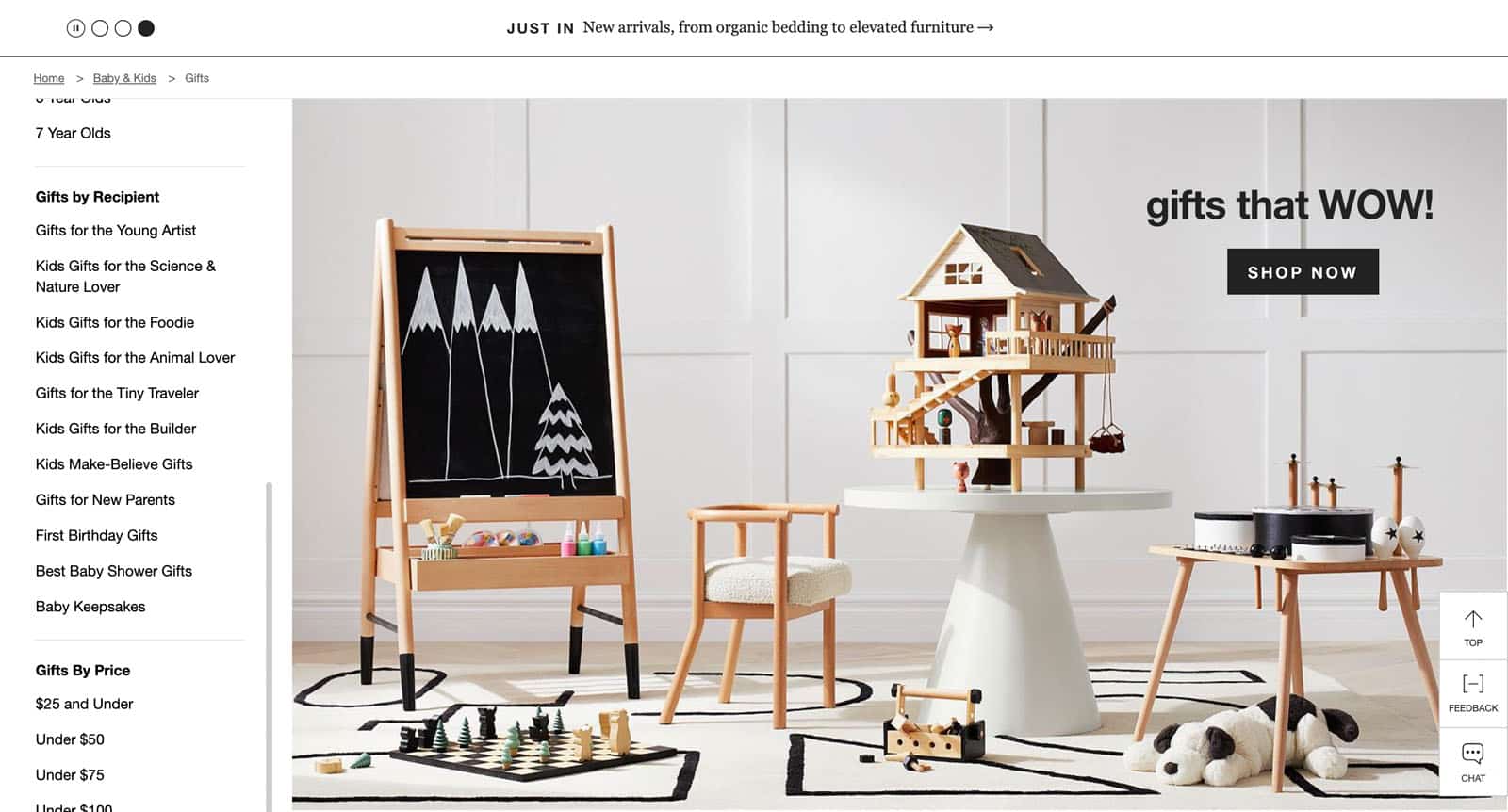 Ecommerce beyond Holiday Shopping: Market Segmentation and Opportunities for Thematic Specials 4 Screenshot of Crate & Barrel's online store. Left a huge list of segments such as For the Young Artist. Right a collection of gifts for kids.