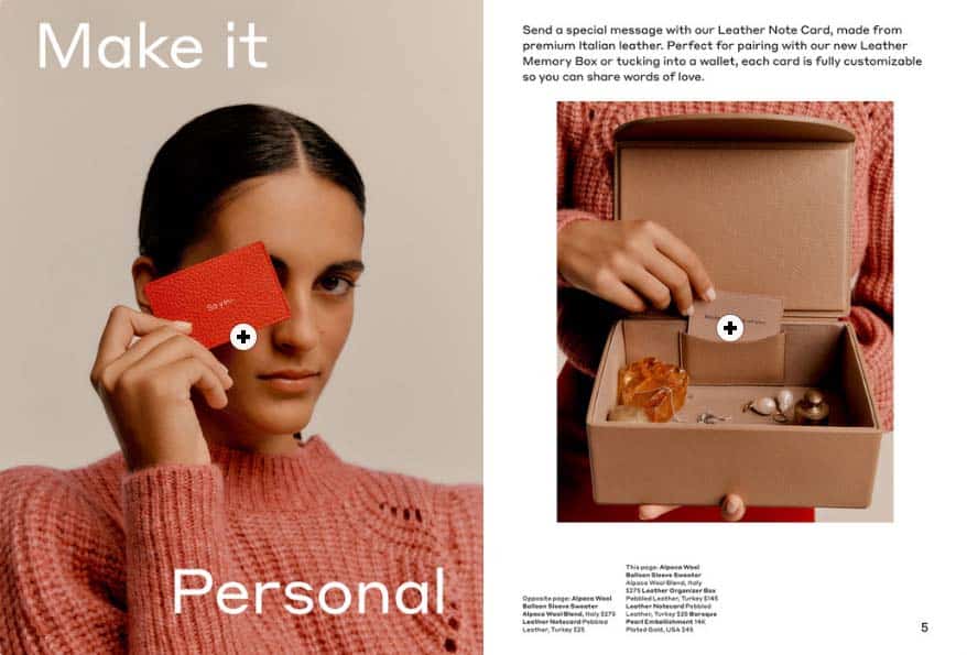 Print, Discovery Commerce, and Sustainability in 2023 and Beyond 2 Pages from Cuyana's catalog showing a leather card holder.