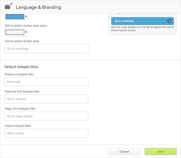 Product Update: Change Default Mouse-Over & CTA Texts 1 Language & branding pop-up in Publitas showing default hotspot titles