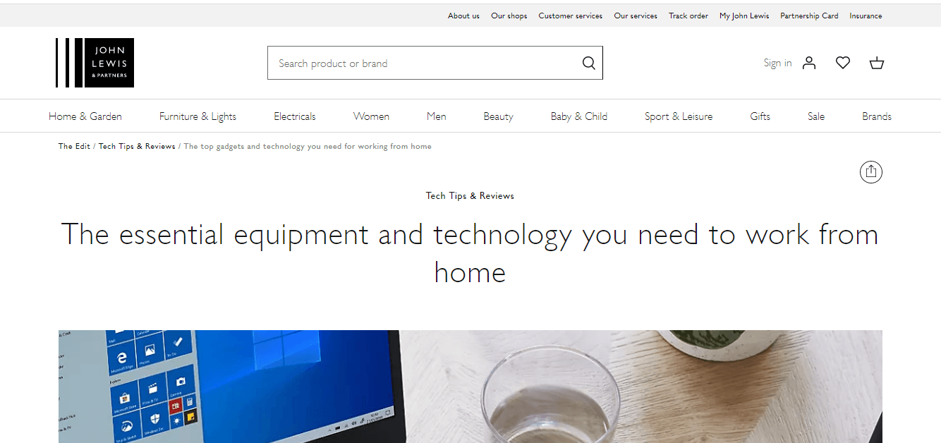 Ecommerce beyond Holiday Shopping: Market Segmentation and Opportunities for Thematic Specials 7 Screenshot of John Lewis's guide on top gadgets you need for working from home.