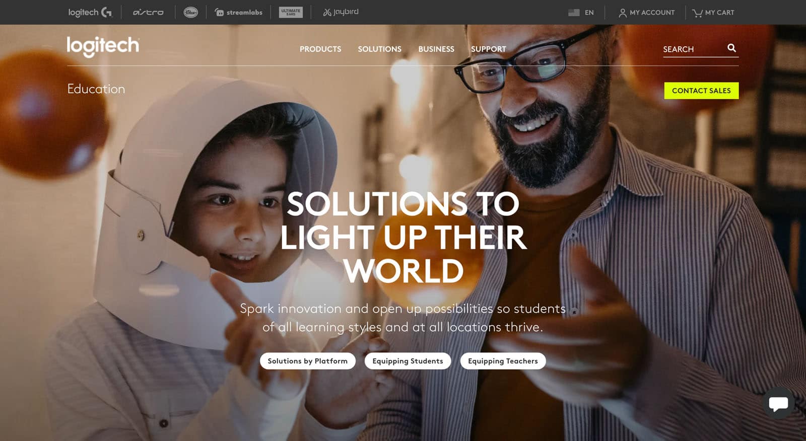 Ecommerce beyond Holiday Shopping: Market Segmentation and Opportunities for Thematic Specials 3 Screenshot of the educational section on Logitech's site. A teacher and a student take center stage, with the copy Solutions to light up their world.