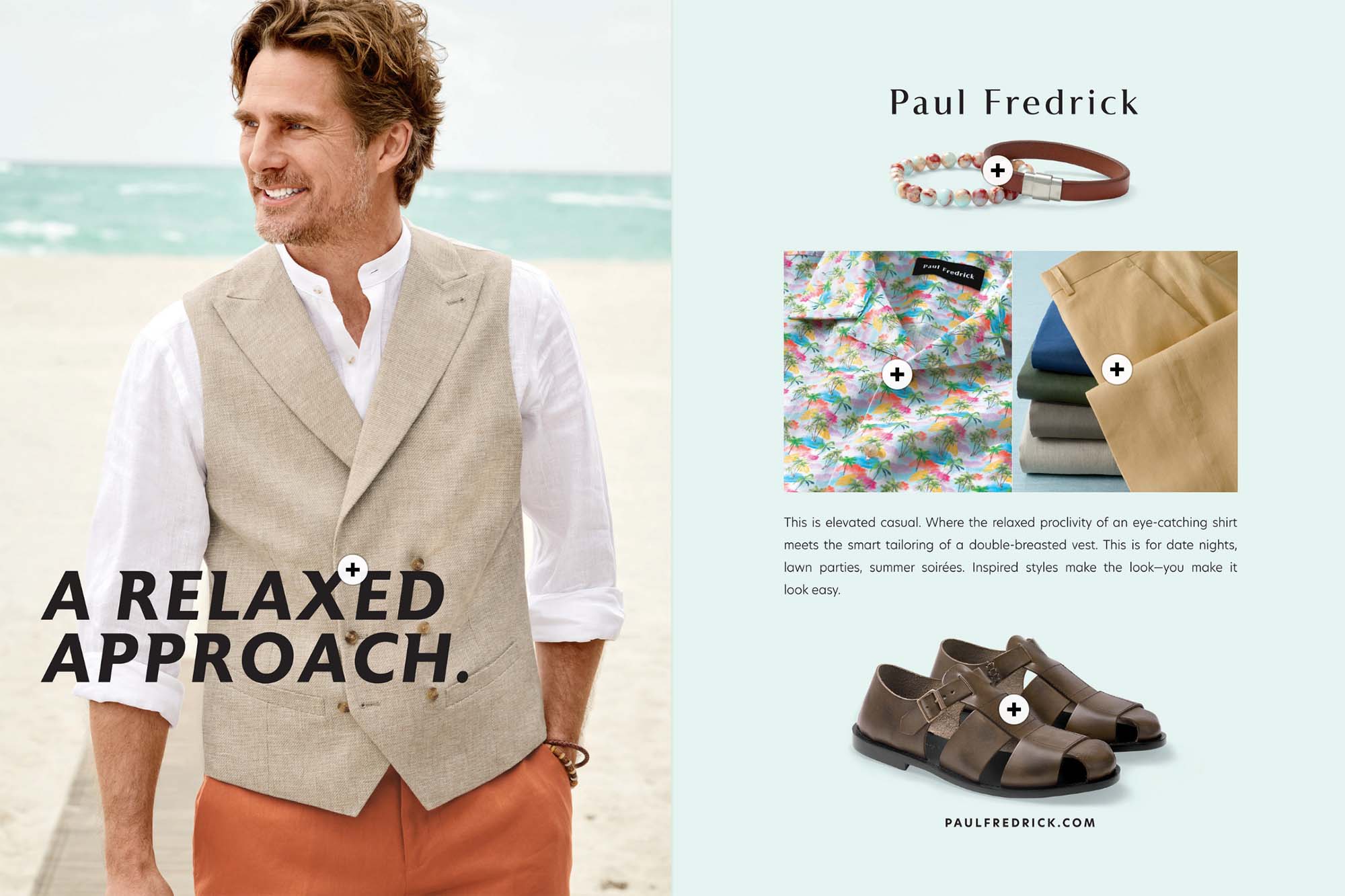 The eCommerce Fashion Industry in 2022: New Markets, Trends, and Tips for Your Brand 1 Spread from a catalog. Left: A full image of a man wearing summer clothes. Right: A couple of shirts, bracelets, and sandals matching the theme on the left.