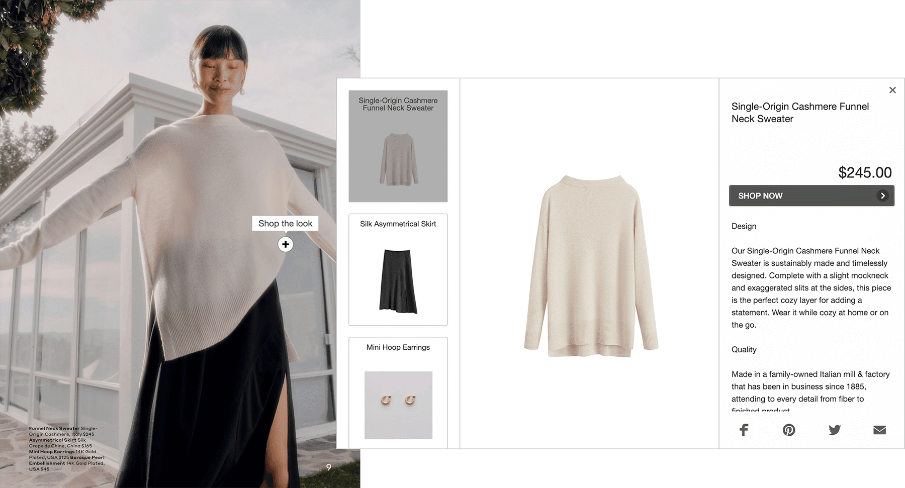 Product Discovery: How a Digital Catalog Can Skyrocket Your Online Fashion Store's Sales 2 Shop-the-look image in a catalog. After clicking, a product view pops up with all items the model is wearing.