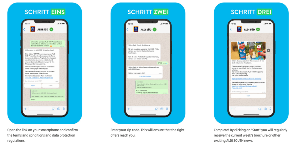 Three mobile phones showing the instructions on how to set up ALDI SUD's Whatsapp for retail