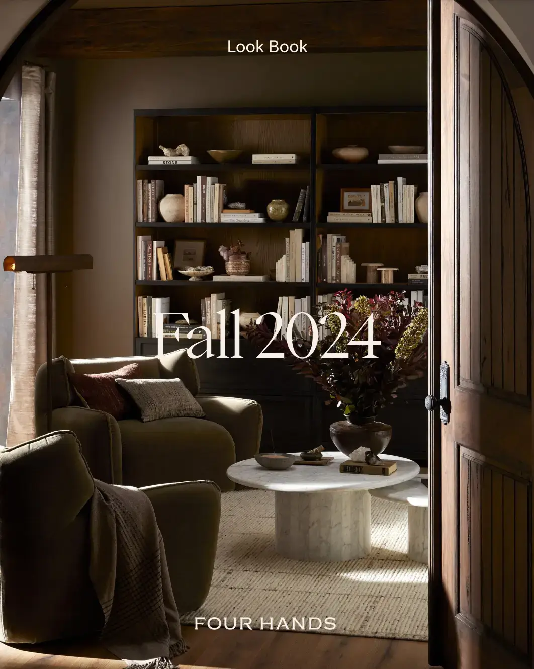 Fourhands catalog cover fall 2024. Beautiful furniture with natural brown and off-white colors and textures.