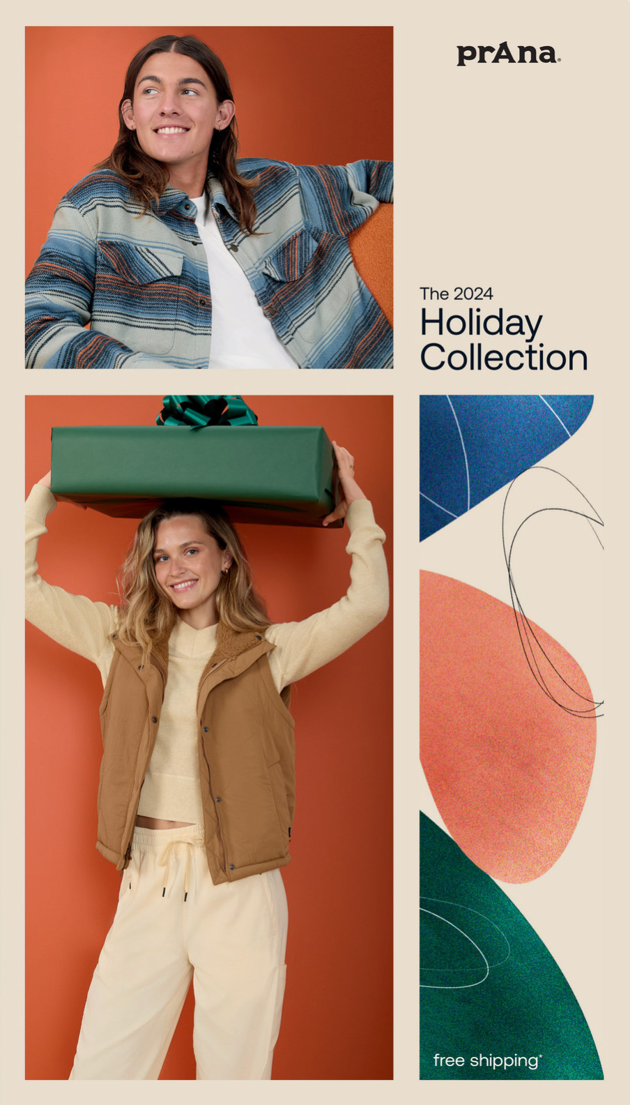prAna Katalog Cover Urlaub 2024. Warme Farben wie Orange und Beige als Hintergrund, mit einem lächelnden Mann und Frau als Modelle.