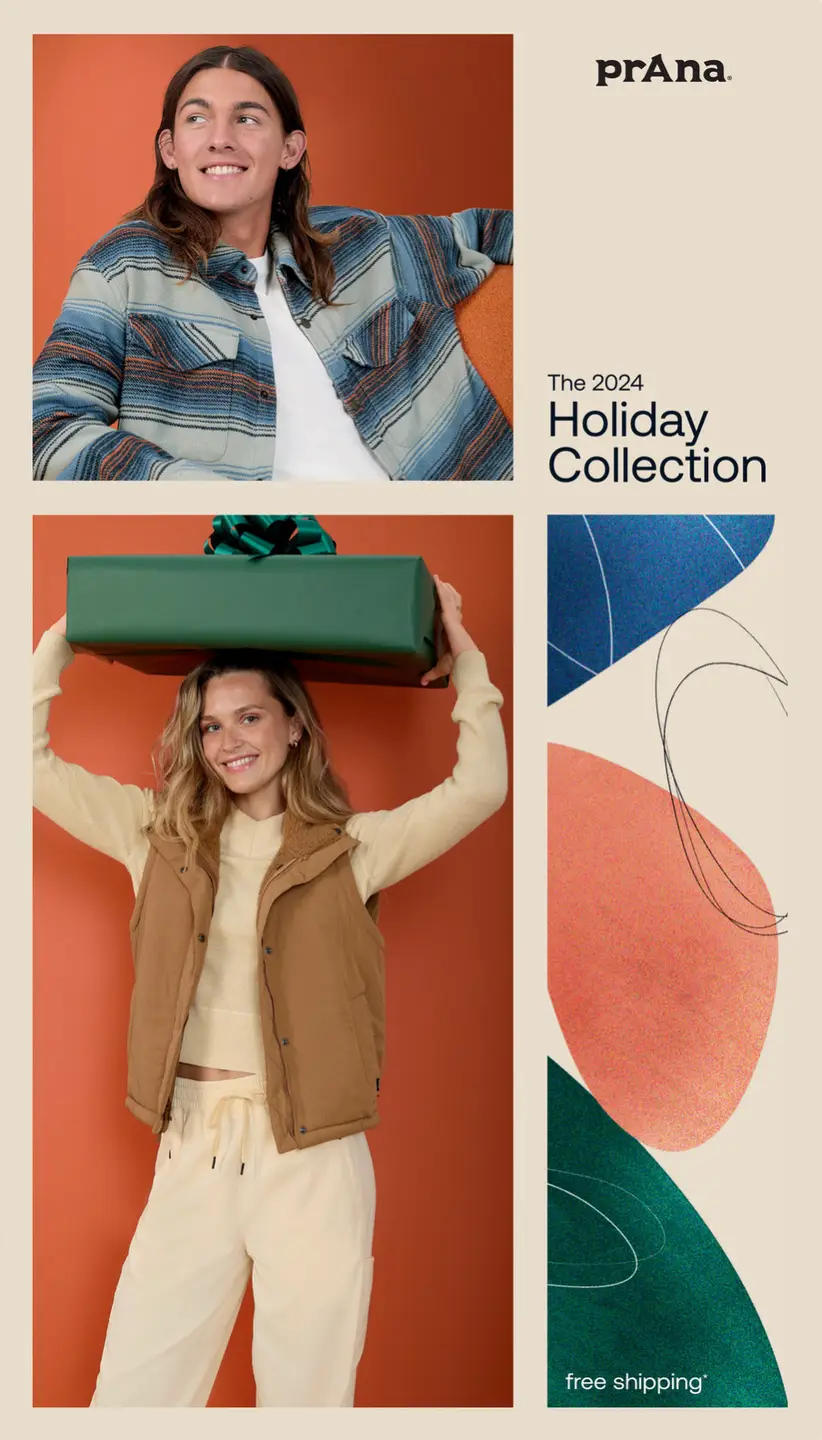 prAna catalog cover holiday 2024. Warm colors like orange and beige as background, with a smiling man and woman as models.