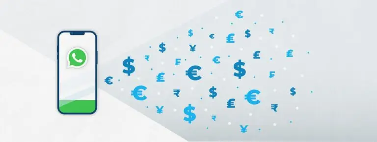 Phone running WhatsApp with currency signs flowing out.
