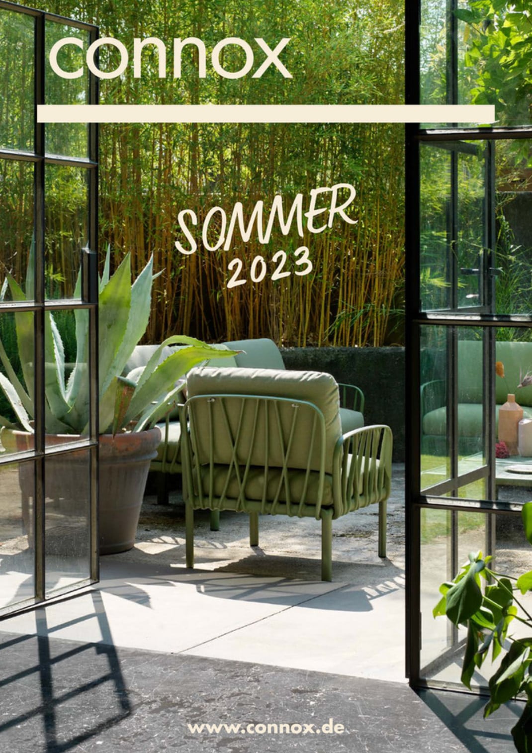 Cover page of Connox summer catalog, showing a green garden with garden furnitures through doors wide open