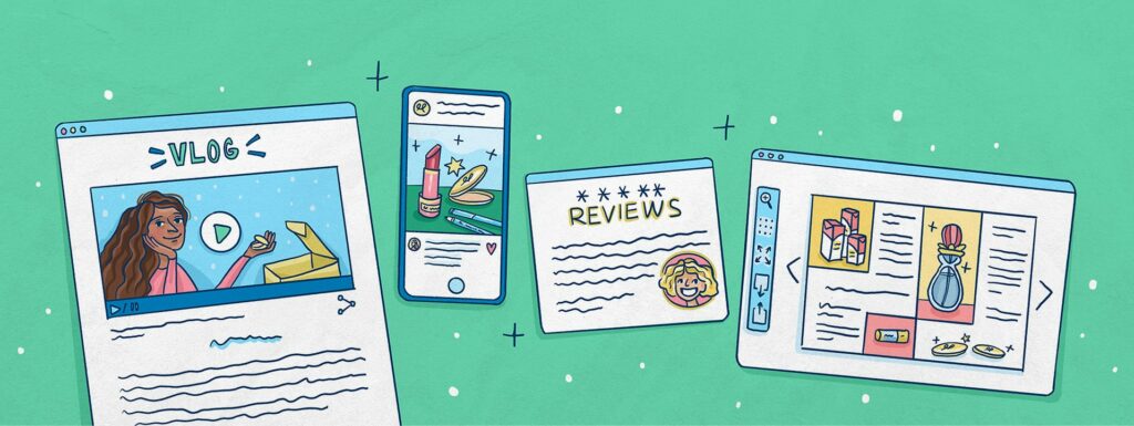 Ilustrationen von Tablet mit Vlog-Video, Handy mit Kosmetik hinzufügen, Bewertungen Registerkarte, Computer-Bildschirm mit digitalen Katalog-Viewer auf einem grünen Hintergrund