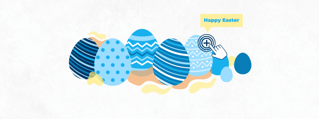 Eight easter eggs painted in various patterns made with shades of blue