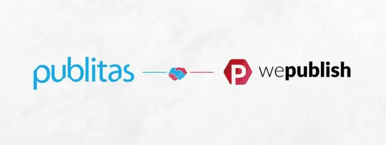 Publitas and WePublish logos connected by red and blue handshake icon