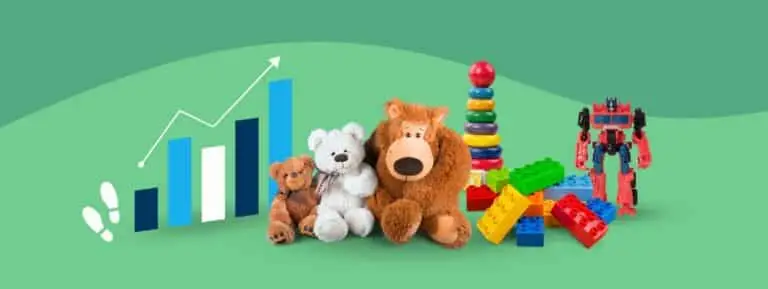 Increasing Reach Header showing a line chart, column chart, two shoe prints and variety of toys