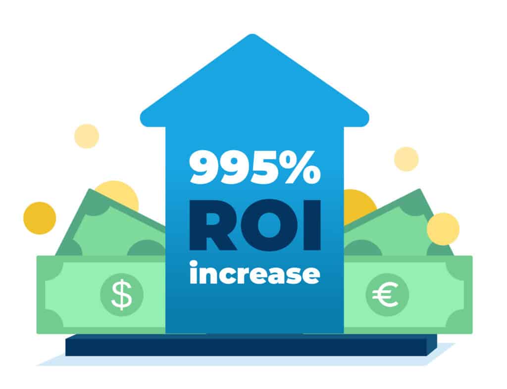 Blue house shape surrounded by money with text 995% ROI increase