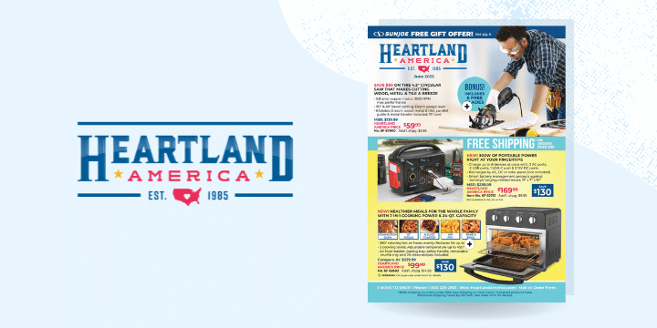 Logotipo de Heartland America y portada de catálogo como miniatura de una historia de cliente.