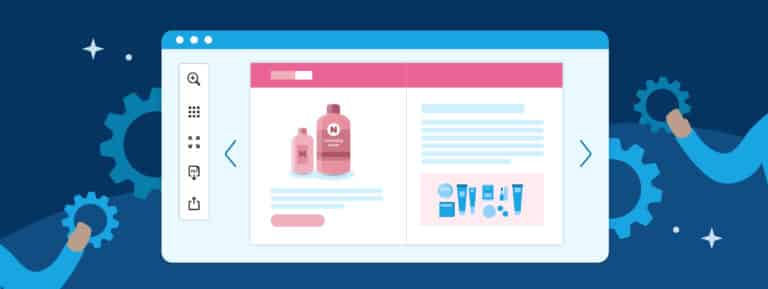 An illustration showcasing a browser window with a simple digital catalog in pink colours. The browser window is on a blue background with gears.