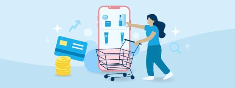 Illustration of a woman with a shopping cart picking items from a human sized mobile phone screen