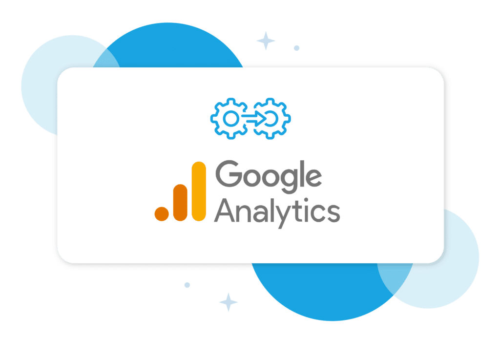 Google-Analytics-Logo und zwei ineinander greifende Zahnräder