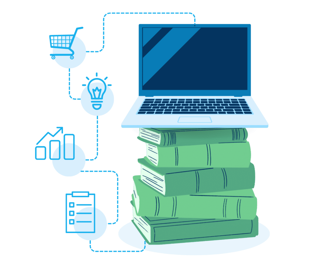 Ilustración de un ordenador portátil sobre una pila de libros verdes con iconos de carrito de la compra, bombilla, gráfico de datos y lista de comprobación a la izquierda. 