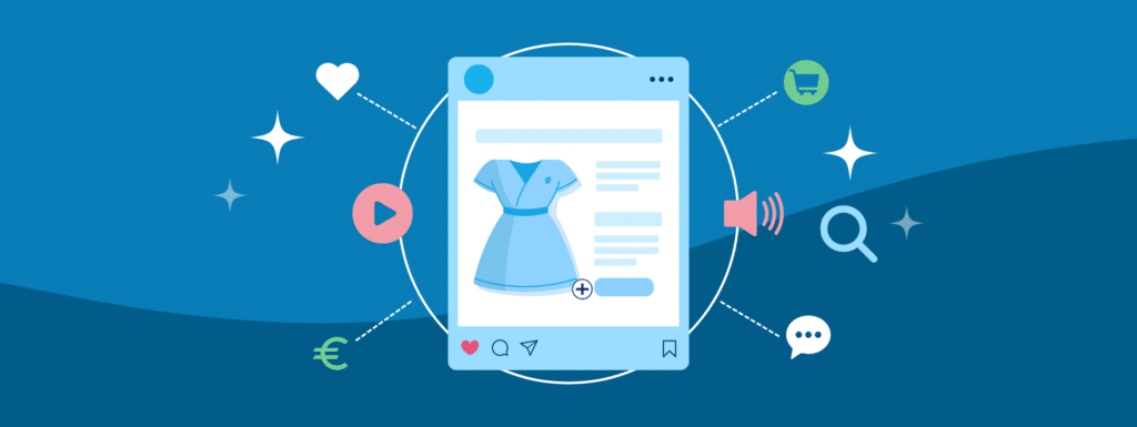 An illustration of instagram post surrounded by icons of interactive features like video, sound, add to cart etc.