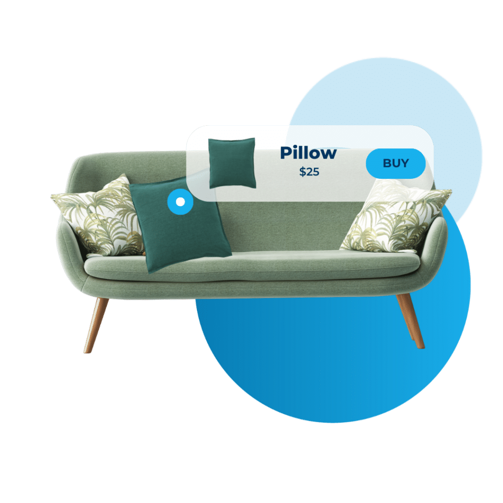 Interactieve media - Een bank met kussens. Het kussen wordt uitgelicht in een kleine pop-up met een koopknop.