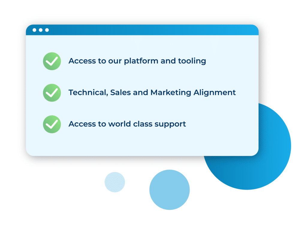 A callout with three checkmarks. 1 Access to our platform and tooling. 2 technical, sales, and marketing alignment. 3 Access to world class support.