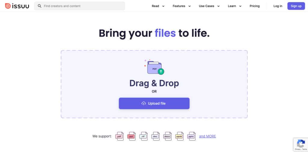 Photo of homepage ISSUU showing: Bring your files to life drag & drop or upload file.