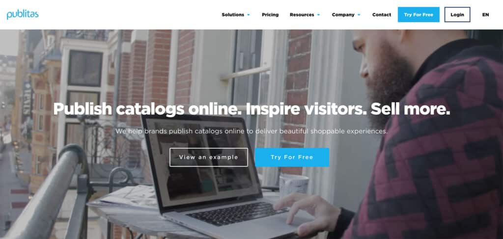 Screenshot of Publitas's homepage. Publish catalogs online. Inspire visitors. Sell more.