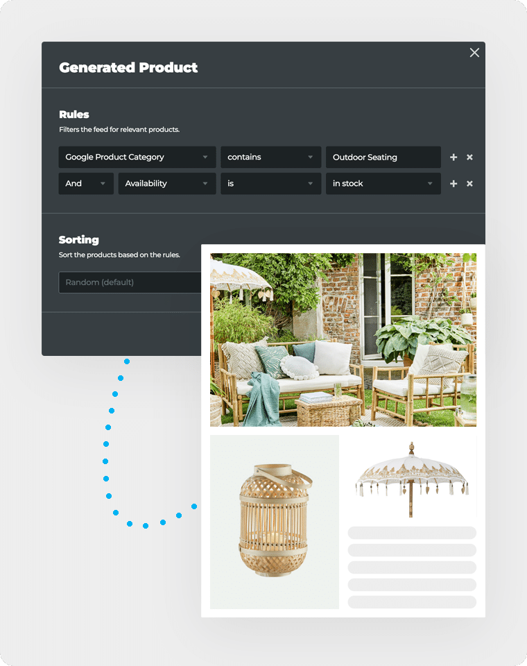 Top: A modal window with rules such as: Product Category contains Outdoor Seating. Bottom: A catalog page is generated showing outdoor seating products.