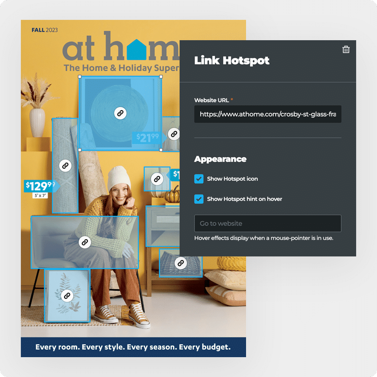 Una portada de catálogo con rectángulos azules para indicar los enlaces y una ventana emergente del editor de enlaces.