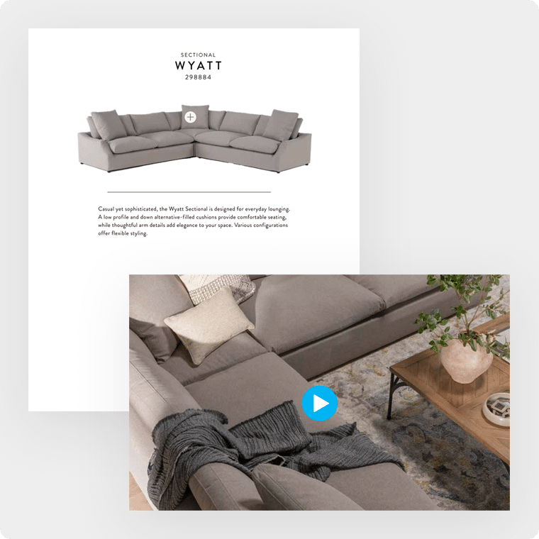 A page from a catalog showing a couch. A video is added to the page with more details and inspiring footage about the couch.