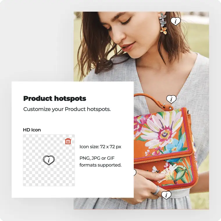 A catalog cover with hearts that indicate clickable areas (hotspots). A pop-up shows that you can customize your icons (the hearts) by uploading an image.