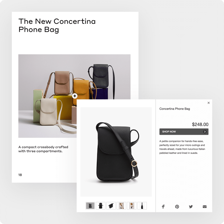 Left: A photo of multiple bags stacked together. Right: A pop-up window showing more details about the bag: Concertina Phone Bag $248. Shop now.